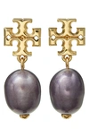 Tory Burch Kira Logo & Cultured Freshwater Pearl Drop Earrings In 18k Gold Plated In Grey