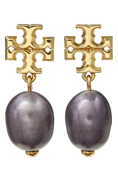 Tory Burch Kira Logo & Cultured Freshwater Pearl Drop Earrings In 18k Gold Plated In Purple/gold
