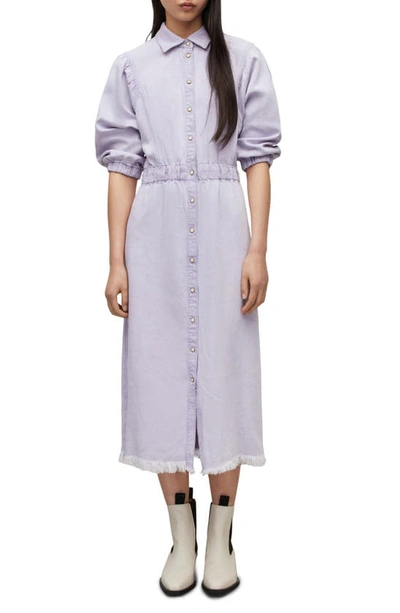 Allsaints Osa Puff Sleeve Denim Shirtdress In Purple