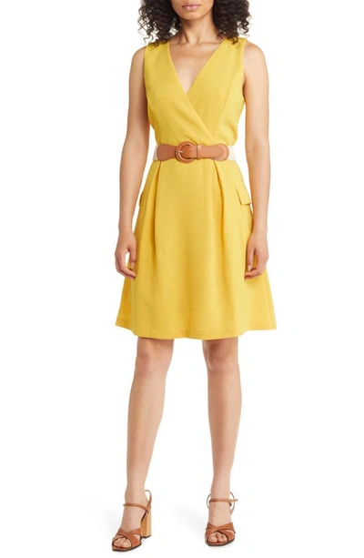 Donna Ricco Belted A-line Dress In Yellow