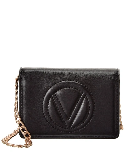 Valentino By Mario Valentino Tiny Sauvage Leather Card Case On Chain In Black