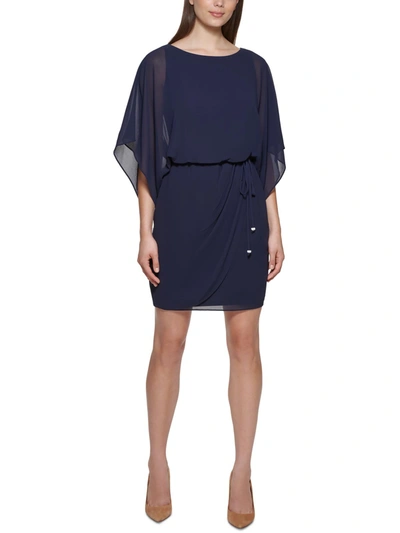 Jessica Howard Petites Womens Chiffon Cape-sleeves Cocktail And Party Dress In Blue