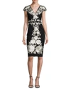 CATHERINE DEANE CAP-SLEEVE EMBROIDERED JERSEY COCKTAIL DRESS, BLACK