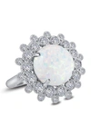 Lafonn Platinum Plated Sterling Silver Simulated Diamond & Simulated Opal Art Deco Ring In Silver