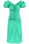 Ganni Short Sleeve Green Crinkled Satin Midi Dress