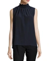 JOSEPH GILL RUFFLED SLEEVELESS TOP, NAVY