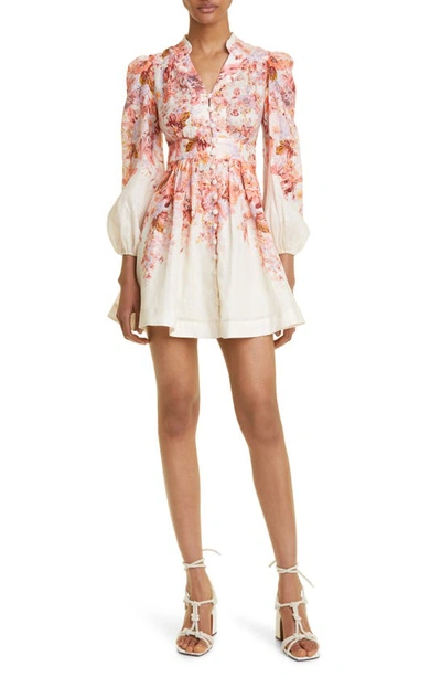 Zimmermann Devi Floral Print Long Sleeve Linen Minidress In Neutrals