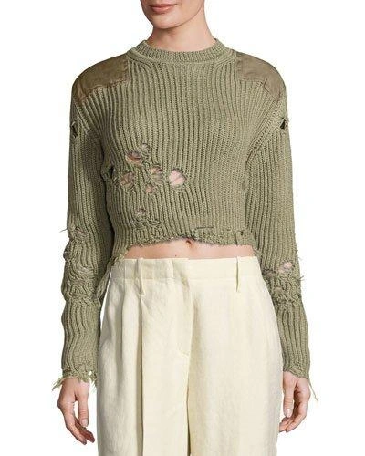 Yeezy Destroyed Crop Knit Sweater W/ Patches, Military Green