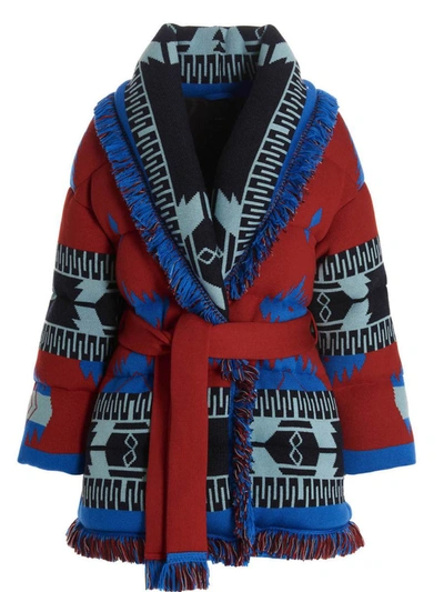 Alanui Icon Belted Fringed Quilted Wool-jacquard Down Jacket In Multicolor