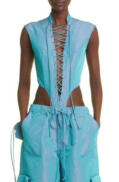 Laquan Smith Utility Bodysuit With Lace Up Detail In Aqua