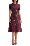 OSCAR DE LA RENTA DAHLIA PRINT SHORT SLEEVE DRESS