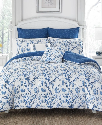 Laura Ashley Elise Cotton Reversible 7 Piece Duvet Cover Set, Full/queen In China Blue