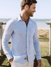 Faherty Laguna Stripe Linen Button-up Shirt In Light Blue Melange