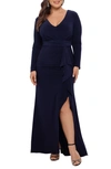 BETSY & ADAM RUFFLE SIDE SLIT LONG SLEEVE GOWN