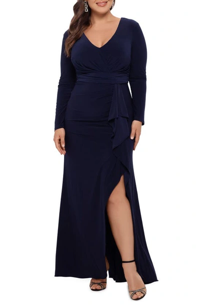 BETSY & ADAM RUFFLE SIDE SLIT LONG SLEEVE GOWN