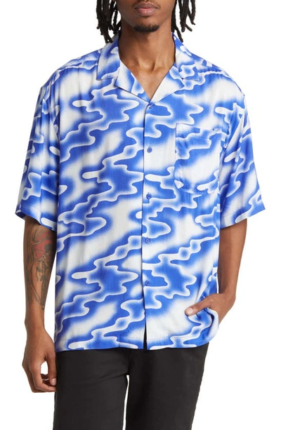 Topman Wave Print Short Sleeve Button-up Shirt In Blue