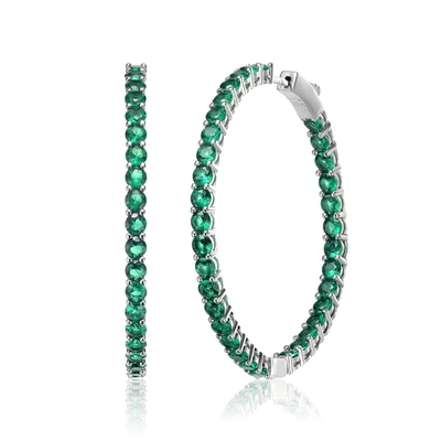 RACHEL GLAUBER RG WHITE GOLD PLATED WITH EMERALD CUBIC ZIRCONIA INSIDE-OUT ROUND HOOP EARRINGS