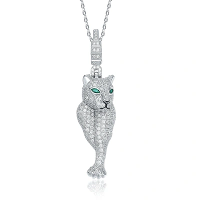 Genevive Sterling Silver Rhodium Plated Emerald Cubic Zirconia "cheetah" Spring Ring Pendant In Grey