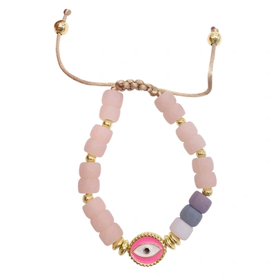 ADORNIA PINK EVIL EYE ENAMEL BEADED BOLO BRACELET GOLD