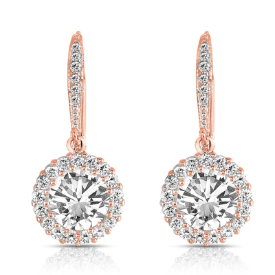 Genevive Sterling Silver Rose Gold Plated Cubic Zirconia Round Dangling Earrings In Pink