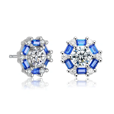 Rachel Glauber Ra Rhodium Plated With Round And Sapphire Blue Baguette Cubic Zirconia Stud Earrings