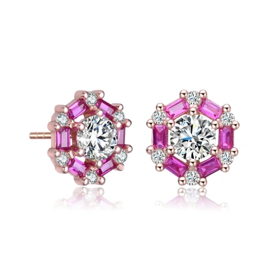 Rachel Glauber Ra Rhodium Plated With Round And Sapphire Blue Baguette Cubic Zirconia Stud Earrings In Pink
