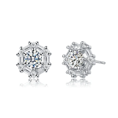 Rachel Glauber Ra Rhodium Plated With Round And Sapphire Blue Baguette Cubic Zirconia Stud Earrings In Silver