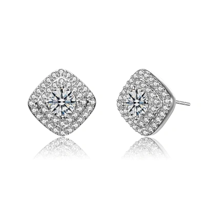 Rachel Glauber Ra Cubic Zirconia Pave Square Shape Stud Earrings - Rhodium Plated In Silver