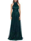 Betsy & Adam Metallic Sleeveless Halter Neck Open Back Gown In Blue