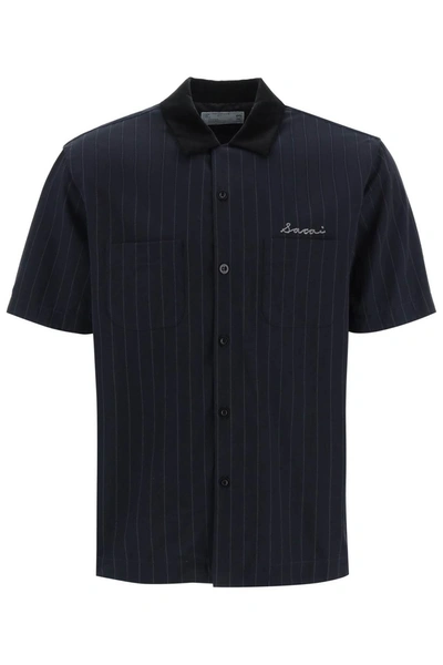 Sacai Men's Chalk Stripe Cotton-blend Short-sleeve Shirt In Blue