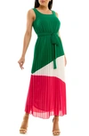 NINA LEONARD COLORBLOCK PLEATED CHIFFON MAXI DRESS