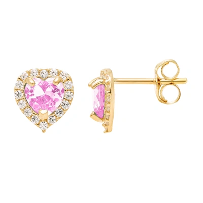 Ballstudz 14k Yellow Gold 7mm Cz Halo Heart Stud Earrings, With Pushback, Women's, Unisex In Pink