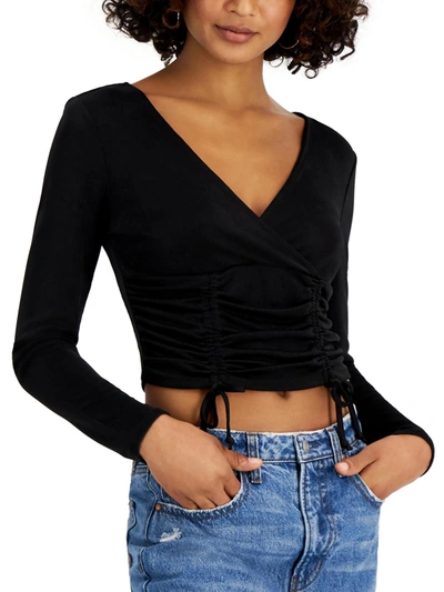 Crave Fame Juniors Womens Ruched V-neck Cropped In Black