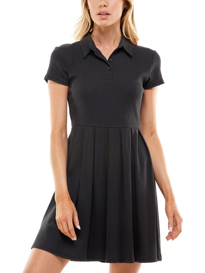 Planet Gold Juniors Womens Rib-knit Short Sleeves Fit & Flare Dress In Black