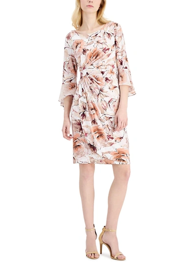 Connected Apparel Petites Womens Floral Flare Sleeve Sheath Dress In Beige