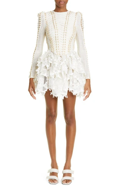 Zimmermann Coaster Corset Laced Linen And Silk Mini Dress In Neutrals