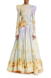 ZIMMERMANN TAMA POSTCARD PRINT LONG SLEEVE LINEN & SILK GOWN