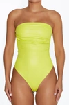 Naked Wardrobe Pleated Strapless Faux Leather Bodysuit In Chartreuse