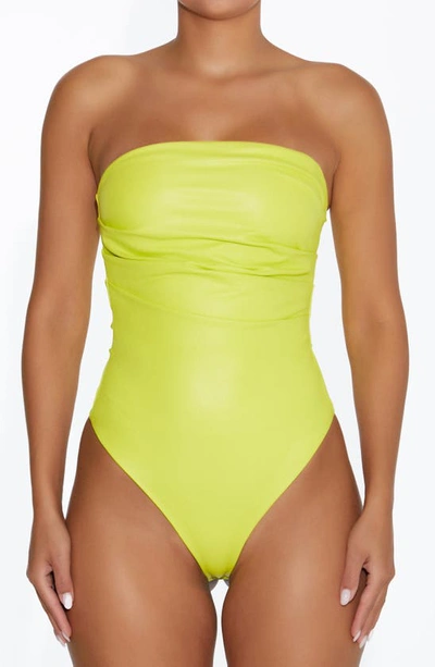 Naked Wardrobe Pleated Strapless Faux Leather Bodysuit In Chartreuse