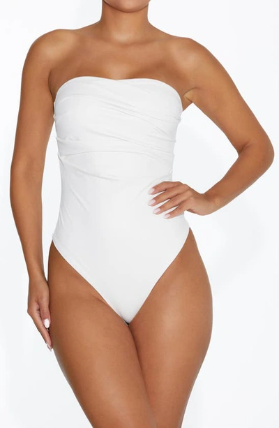 Naked Wardrobe Pleated Strapless Faux Leather Bodysuit In White
