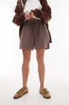 Topshop Cotton Blend Fleece Shorts In Brown