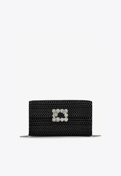 Roger Vivier Flower Buckle Quilted Chain Clutch Bag In Black