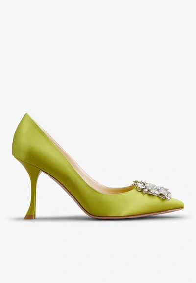 Roger Vivier 85 Bouquet Strass Buckle Pumps In Satin In Yellow
