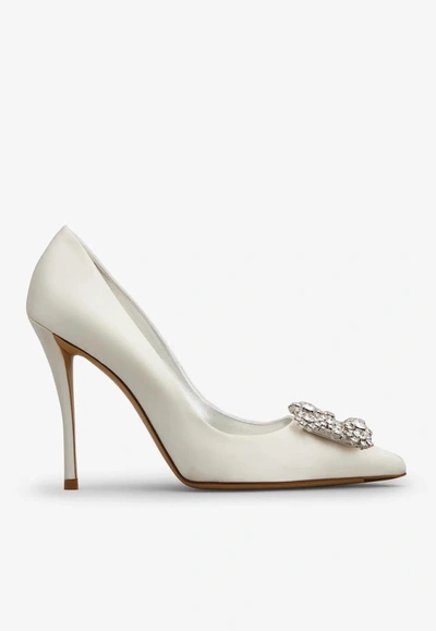 Roger Vivier 100 Flower Strass Buckle Pumps In Satin In Off-white