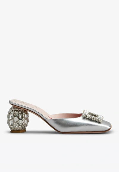Roger Vivier 65 Rhinestone Buckle Mules In Leather In Silver