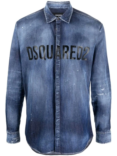 Dsquared2 Logo-print Button-up Denim Shirt In Blue