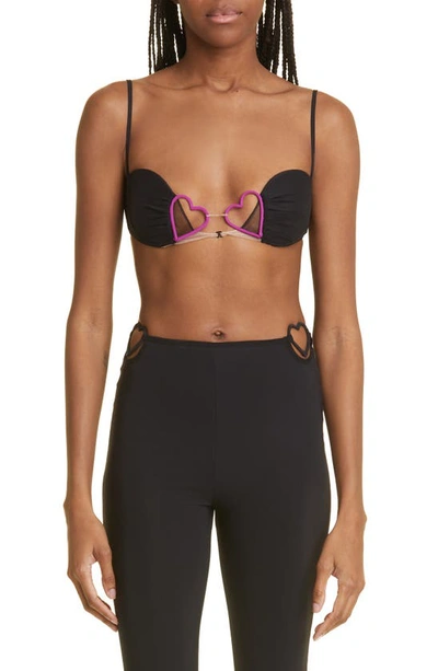 Nensi Dojaka Heart Padded Bra With Gathered Cup In Black/fuchsia