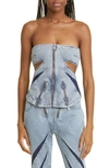 DION LEE DARTED STRAPLESS DENIM CORSET TOP