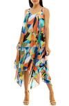 Nina Leonard Patterned Handkerchief Hem Dress In Black/ Deep Sapphire