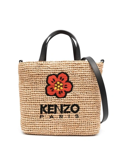 Kenzo Straw Small Tote Bag In Beige